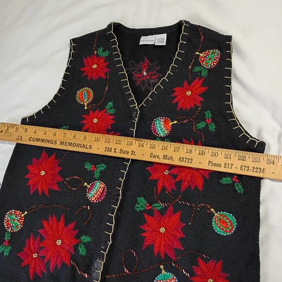 Ugly Christmas Sweater Vest Large Poinsettias Beaded Ornaments Kim Rogers Black - Picture 13 of 15